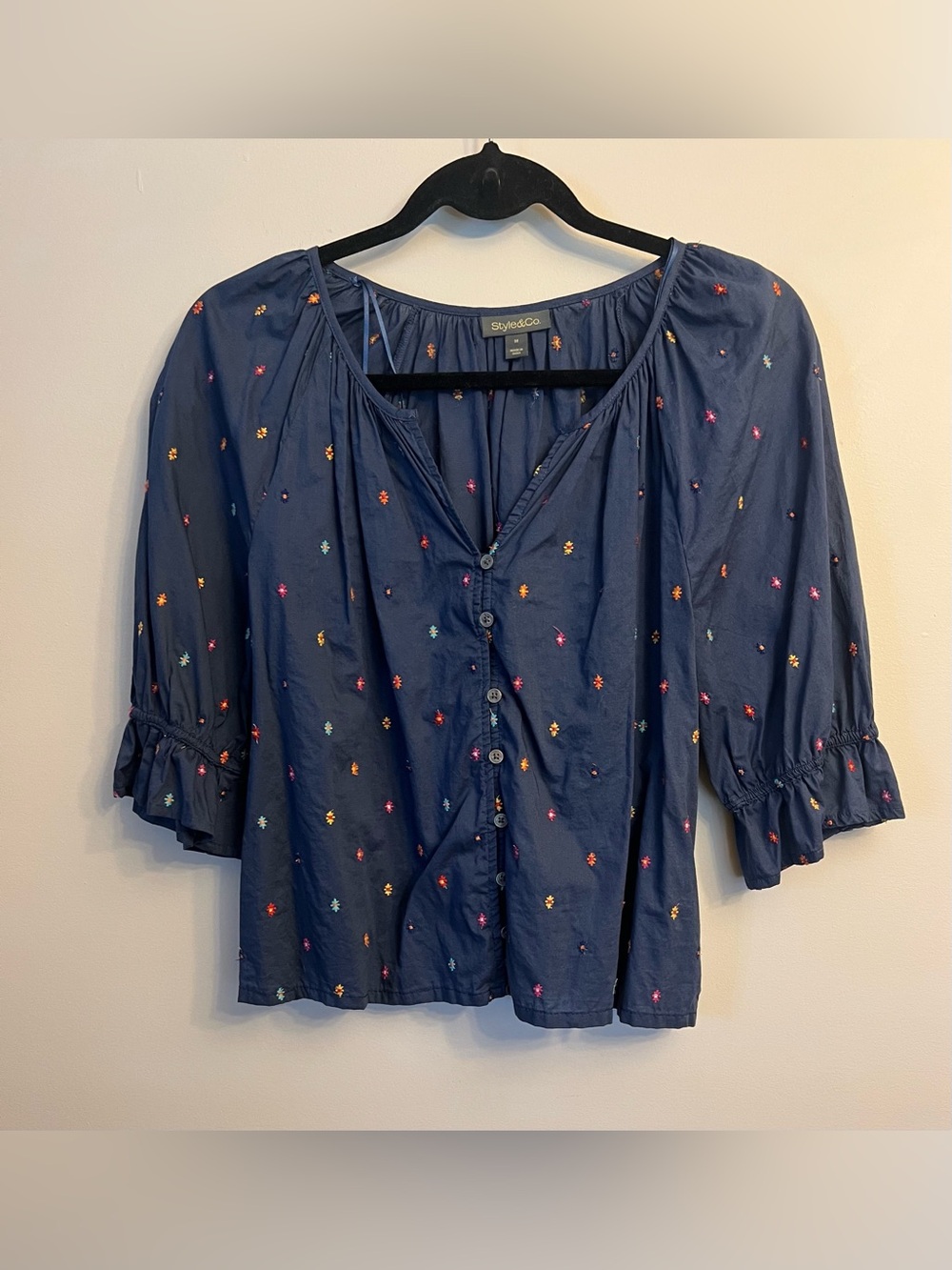 Style & Co. Navy Multicolor Embroidered Button-Front Peasant Blouse